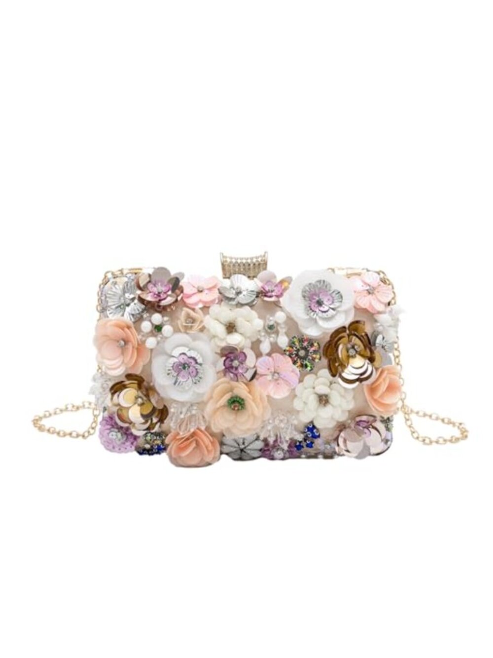 Floral Beaded Clutch Purse Sequins Rhinestone Evening Bag with Chains